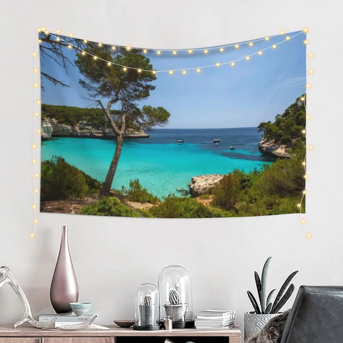 Clear blue sky, turquoise water, beach in Menorca Tapestry Wall Decor Hanging Decoration Aesthetic Tapestry