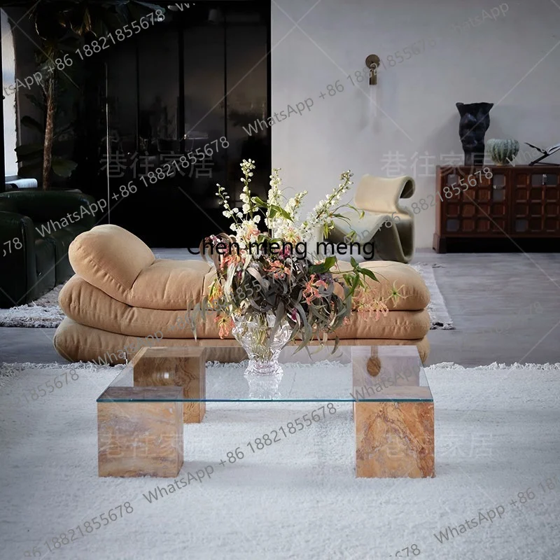 

Travertine glass coffee table medium and ancient natural stone small apartment living room high-end square coffee table