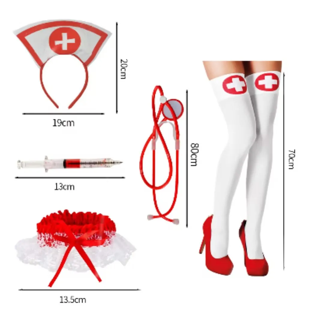 Red Lace Halloween Nurse Hat with False Stethoscope Pen and Headband Hair Hoop for Arousal and Cosplay Costume Party Accessories