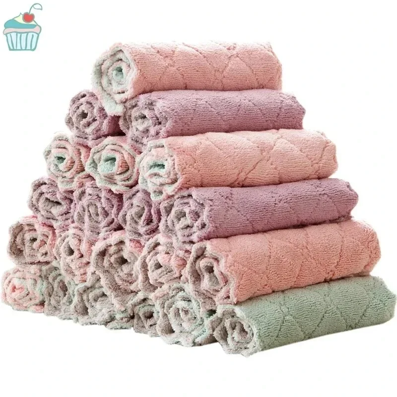 1/5/10pcs Dishwashing Cloth Kitchen Thickened Coral Velvet Cloth Household Multipurpose Absorbent Nonstick Oil Cleaning Wipes