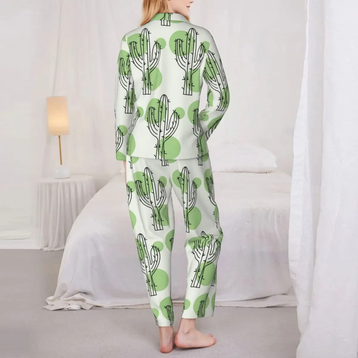 Conjunto de pijama de cacto kawaii feminino, roupa espreguiçadeira feminina, roupa de casa, 2 peças