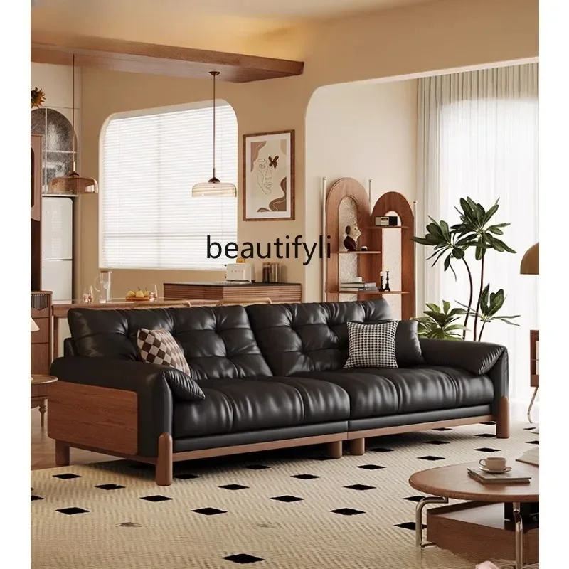 NQ Retro leather sofa straight row living room small apartment French black first layer cowhide American