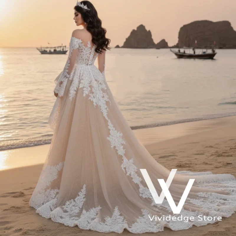 Short Long Special Champagne Strapless Wedding Dresses Lace V-Neck Dubai Style A-Line Trailing Bridal Gowns Customized
