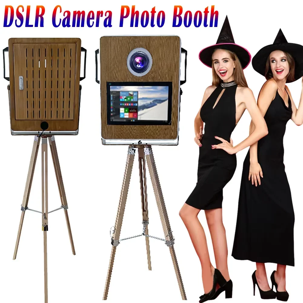 Vintage Wooden Photo Booth 15.6' Touch Screen Portable Flight Case Included Magic Selfie for Camera