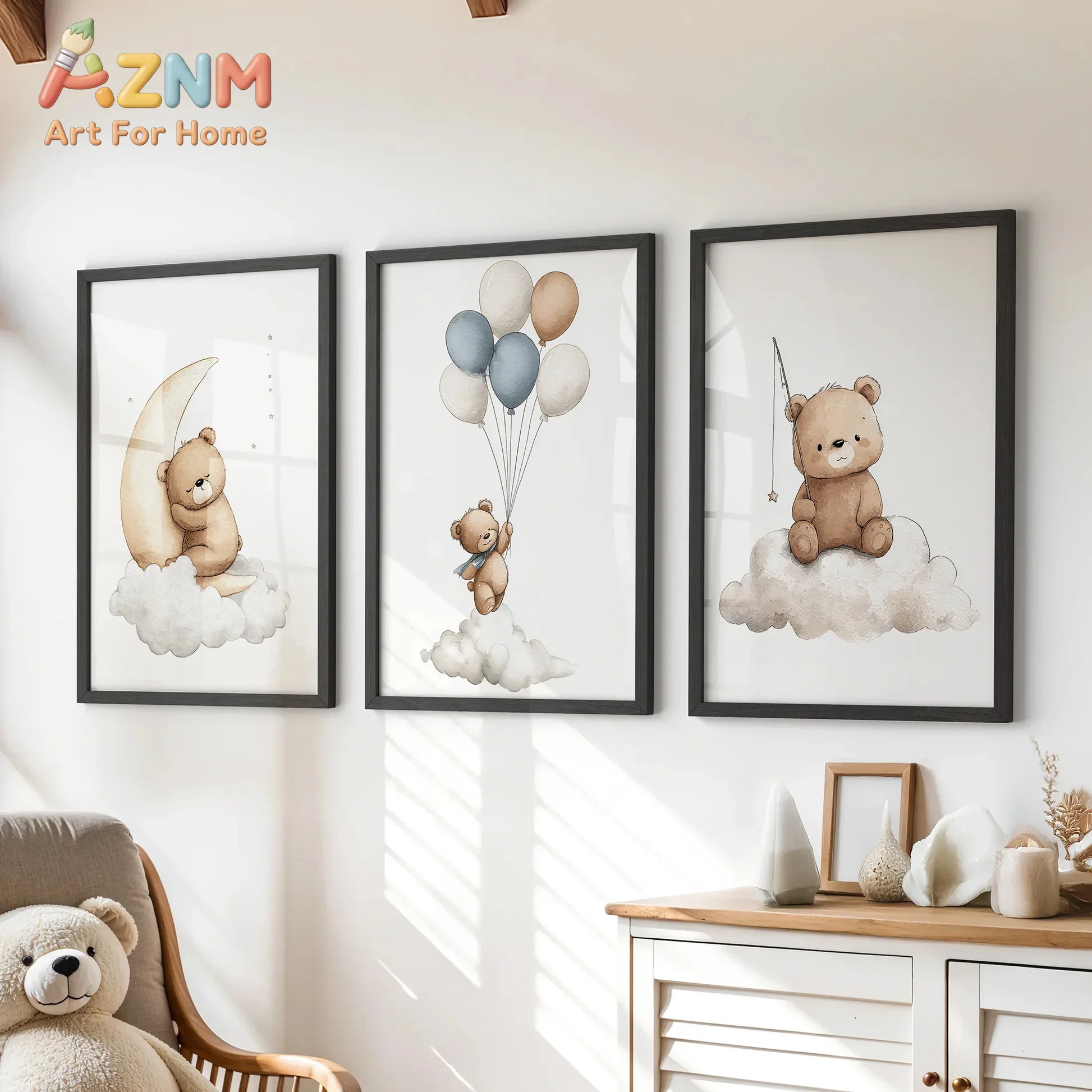 AZNM Cute Bear Canvas Wall Art Moon Cloud Balloon Watercolor Frameless Canvas Painting Baby Nursery Kids Room Home Decor Poster