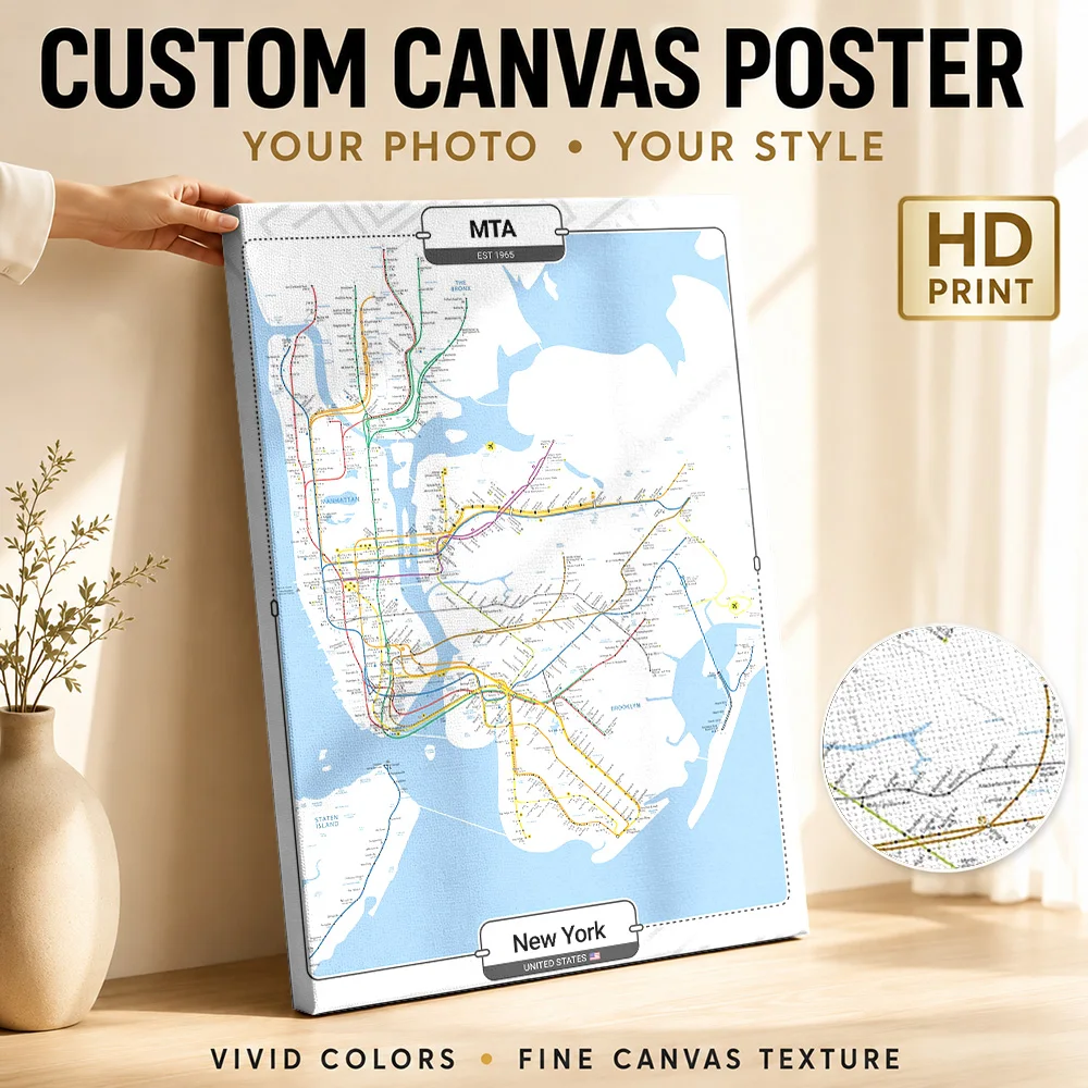 New York Subway Map Wood Framed Canvas Print Personalized Photo Color Coded Transit Diagram Wall Art For Study Birthday Gift