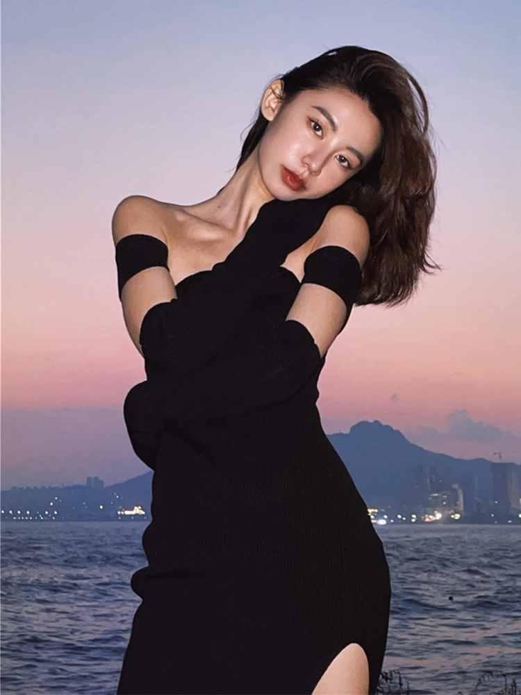 Spring Autumn Fashion Women Sexy Split Off Shoulder Rib Knitted Black Dress Female Club Party Y2K Bodycon Vestidos Clothes