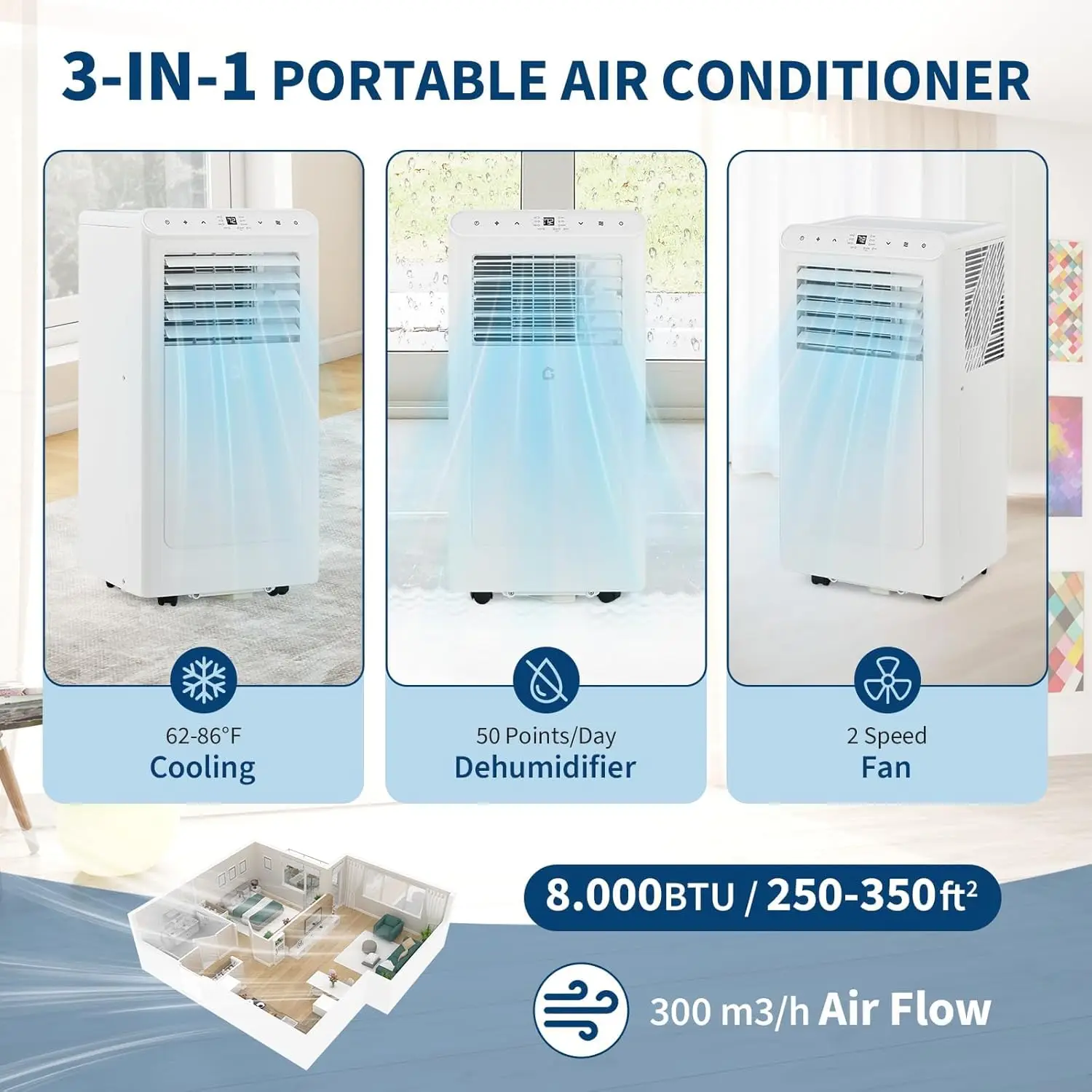 8,000 BTU 3-in-1 Portable Air Conditioner – Cooling, Fan & Dehumidifier Modes, Remote Control, Sleep Mode, Timer, and Full Window Installation Kit – Cools Spaces Up to 350 Sq. Ft. image 3