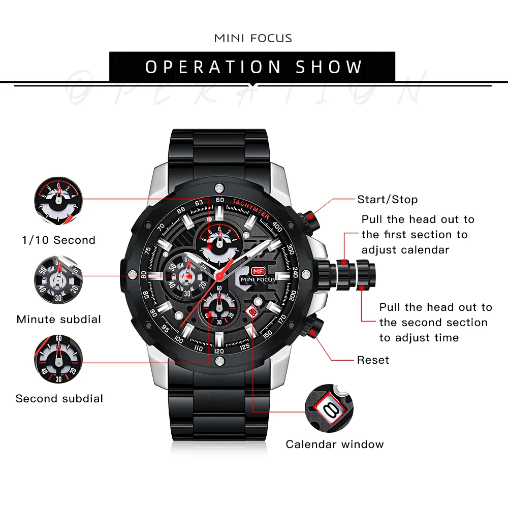 MINI FOCUS Sports Mens Quartz Wristwatches Military Multifunction Chronograph Mens Watches Top Brand Luxury Steel Strap 0401G