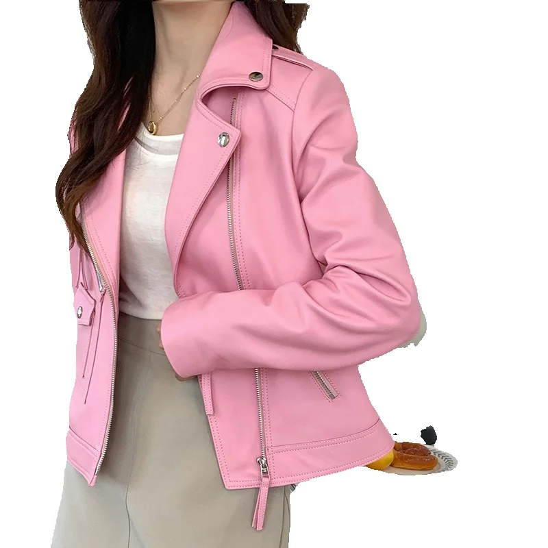 Chaqueta de cuero ajustada y corta para mujer, cuello occidental, motocicleta de piel de oveja, nueva