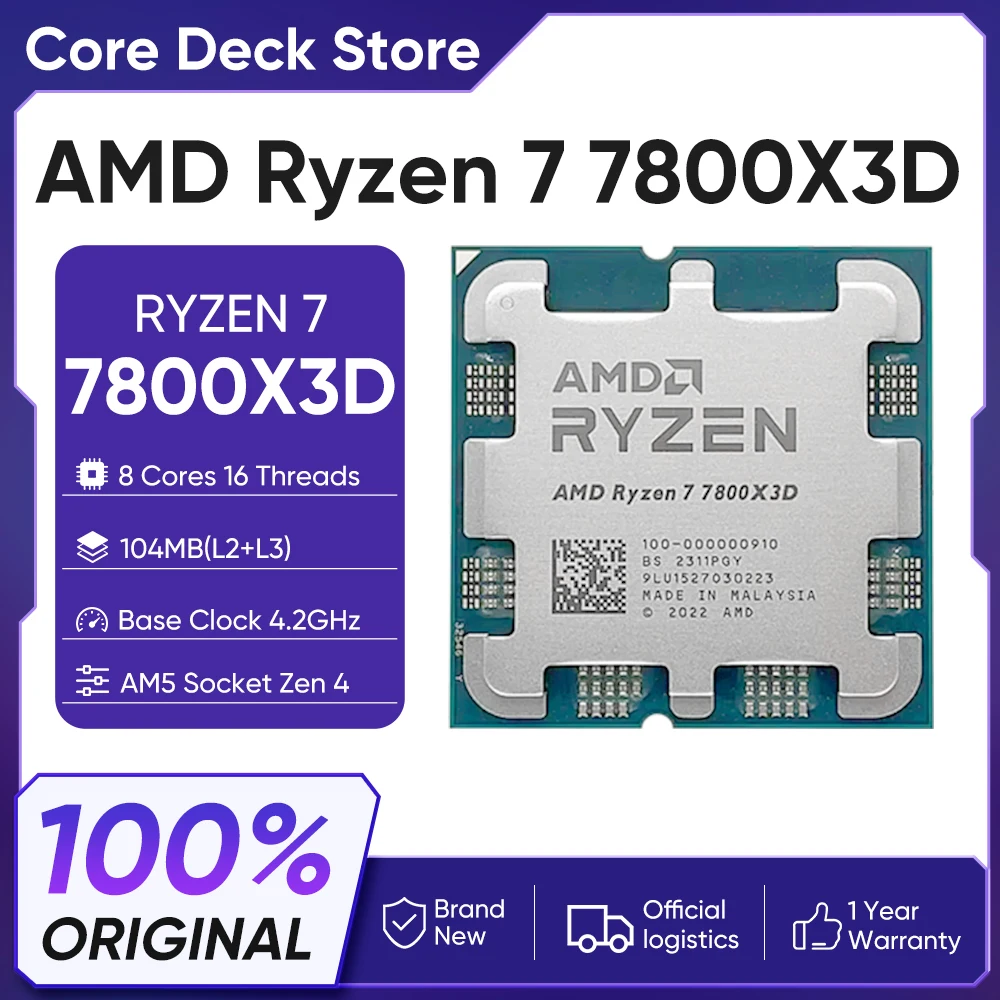 Processeur de jeu AMD Ryzen 7 7800X3D Box, 8 cœurs, 16 threads, 5,0 GHz, 96 Mo de cache 3D, AM5 DDR5, sans refroidisseur.