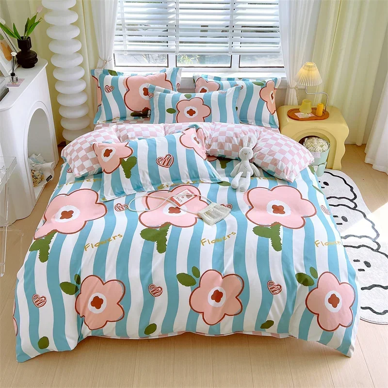 Botanical Floral Duvet Cover Soft Reversible Plaid Comforter Cover Pink Flower Blue Stripe Bedding Set with Flat Sheet,4 Pcs Set