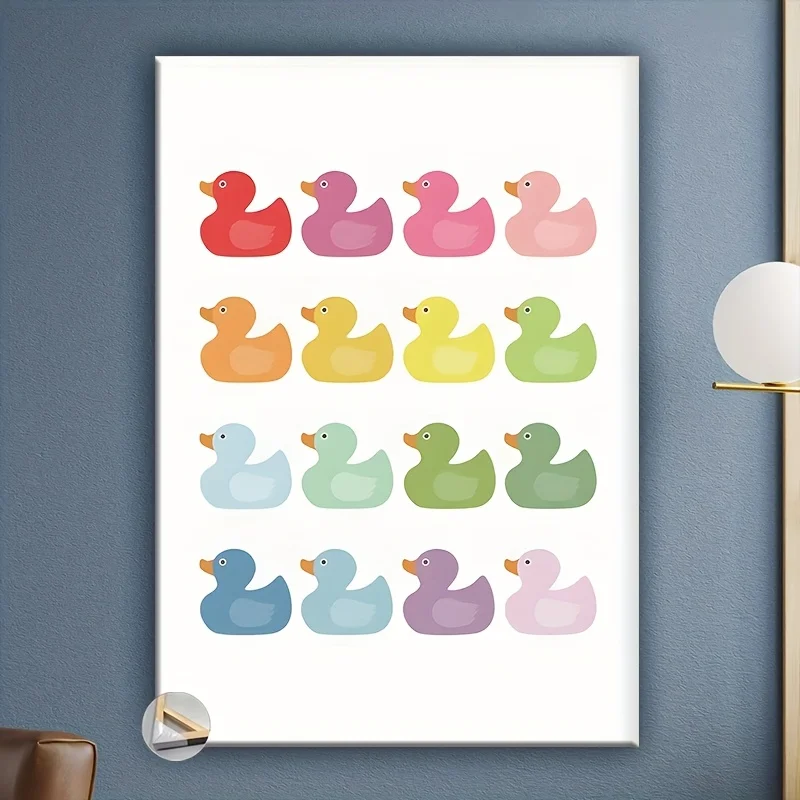 Pintura en lienzo para decoración de pared, arte de baño de pato de goma impreso y enviado, decoración de arcoíris para guardería, decoración para oficina y dormitorio