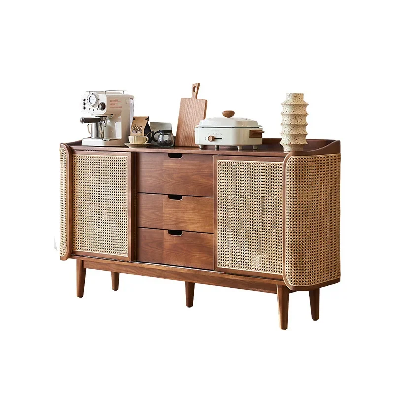 New Chinese solid wood, real rattan side cabinet, wabi-sabi, with drawers, double cabinet doors, ash wood