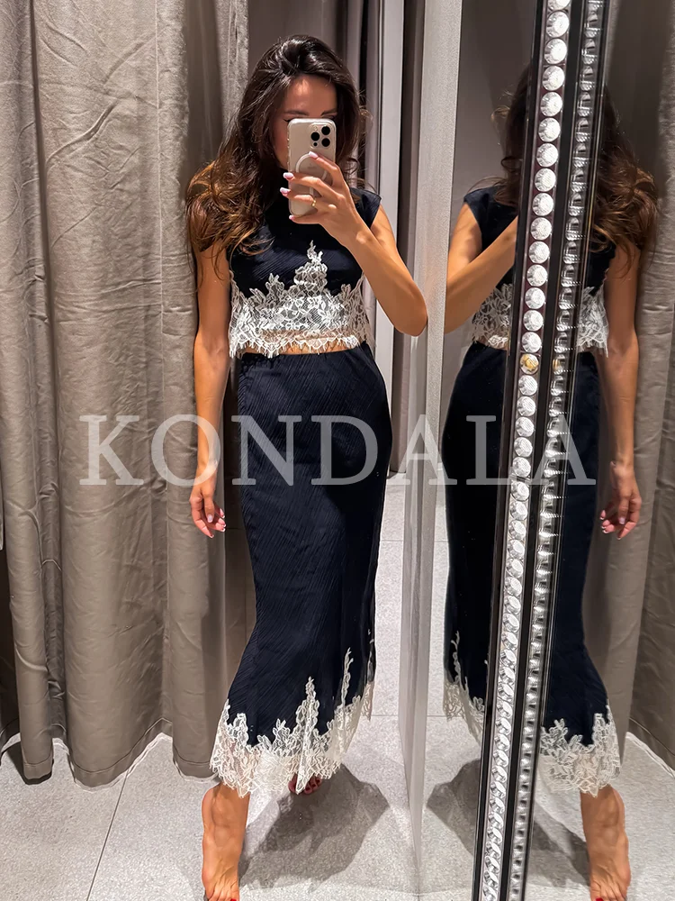 KONDALA Damen Trendiges Party-Spitzen-Patchwork-Rock-Set, Weste, Top, Midi-Rock, Neue Mode 2026 Sommer Herbst Elegantes Urlaubs-Mujer-Set – Detail 3