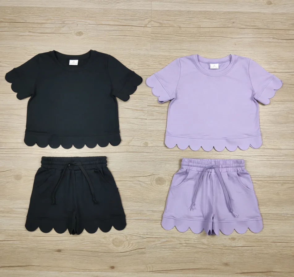 Wholesale Baby Girl Set Short Sleeves Black Purple Cotton Shirt Kids Girls Pockets Shorts Children Toddler Summer Outfit Clothes