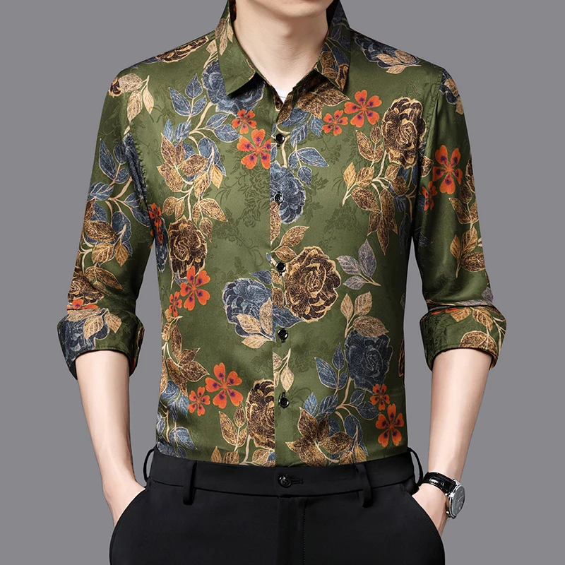 Breathable Coolness Shirt For Men Long Sleeve Floral Print Silky Spring High Quality Soft Comfortable Casual Lapel Chemise Homme