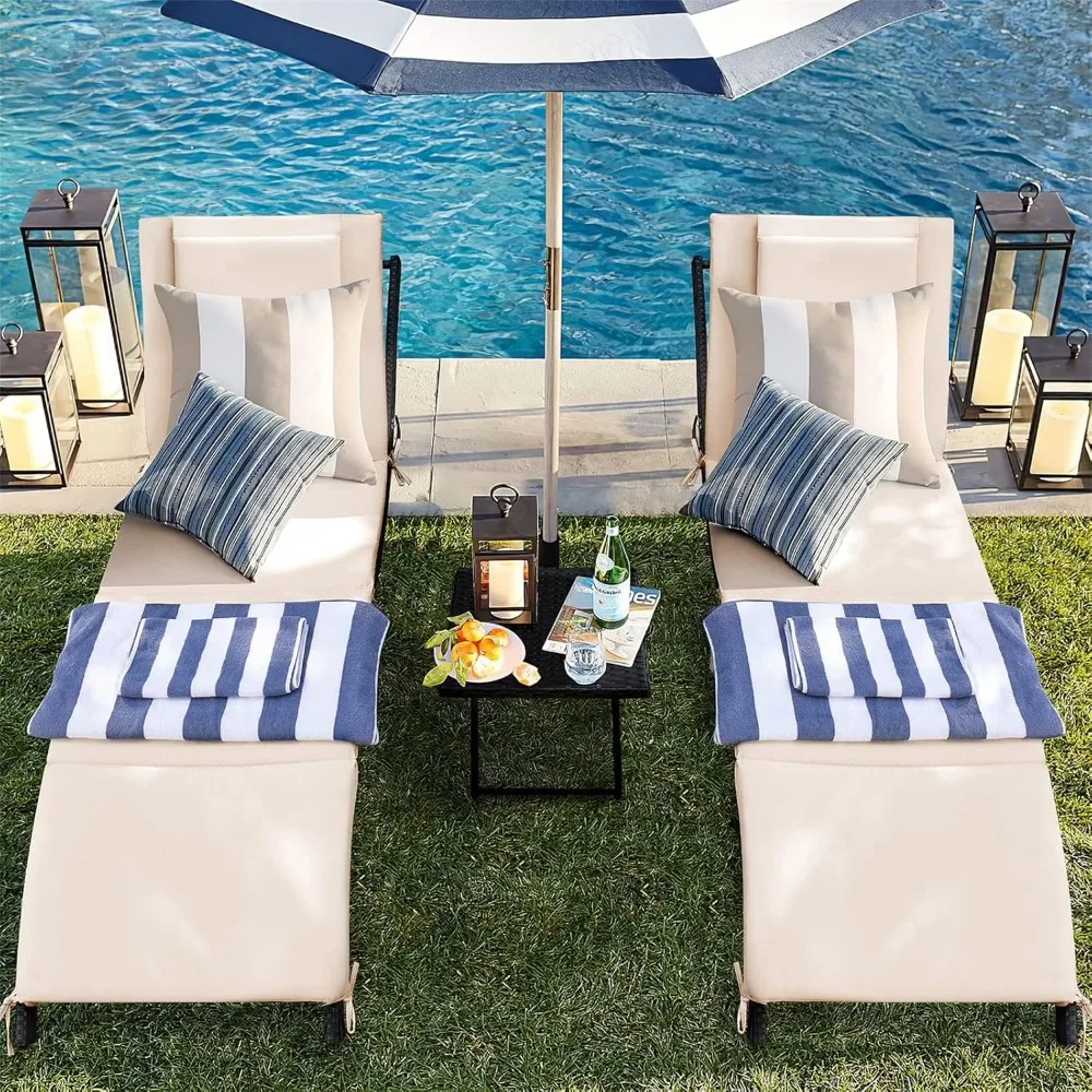 مجموعة كراسي استرخاء خارجية قابلة للتعديل مكونة من 3 قطع مع طاولة قابلة للطي وكراسي صالة فناء من الخيزران للاسترخاء والراحة