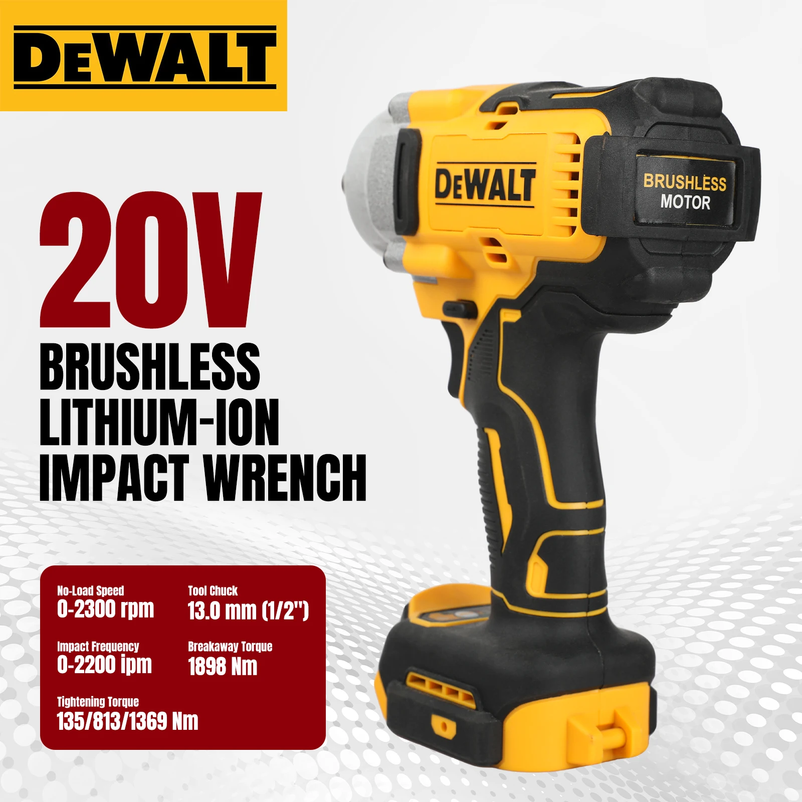 

Dewei DCF900 1/2" High Torque 4-Mode Brushless Cordless Impact Wrench 20V Battery Power Tool For Auto Repair