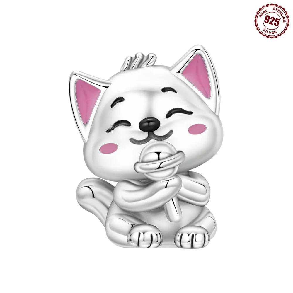 S925 Sterling Silver Adorable Fox Charm Puppy Pink Enamel Ears & Lollipop Fit Bracelets Jewelry Gift for Women Girls DIY Making
