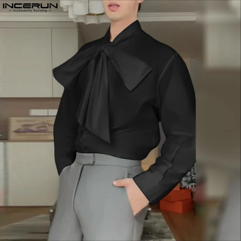 INCERUN Men Shirt Solid Color Lace Up Bowknot Long Sleeve Casual Men Clothing Loose Fashion Elegant Streetwear Shirts Camisas