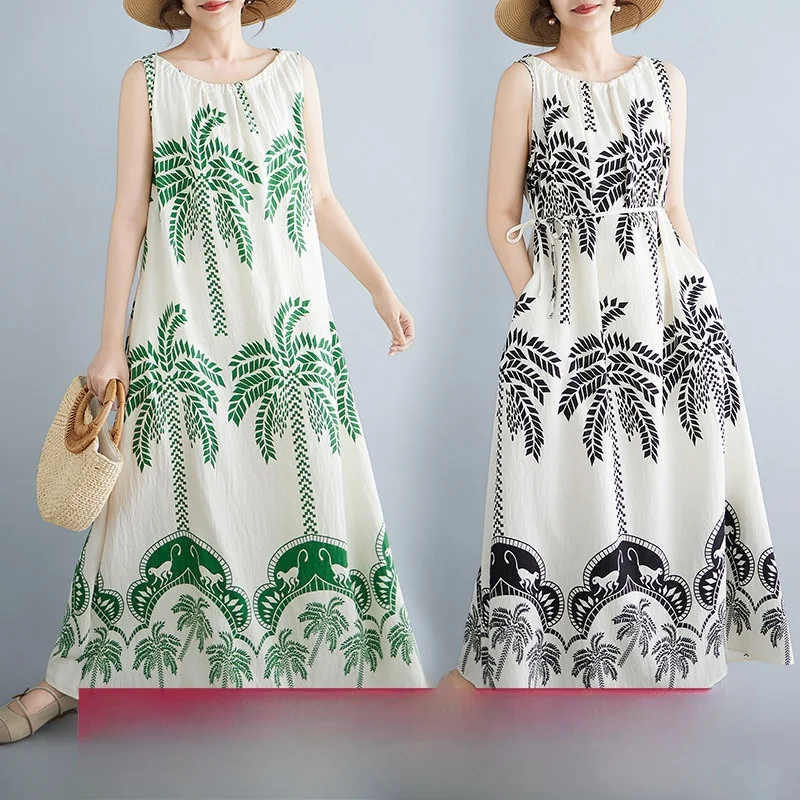 

Летнее макси-платье большого размера с принтом в виде листьев, в богемном стиле, для женщин, для пляжного отдыха, повседневное, из хлопковой марли, А-силуэт, без рукавов