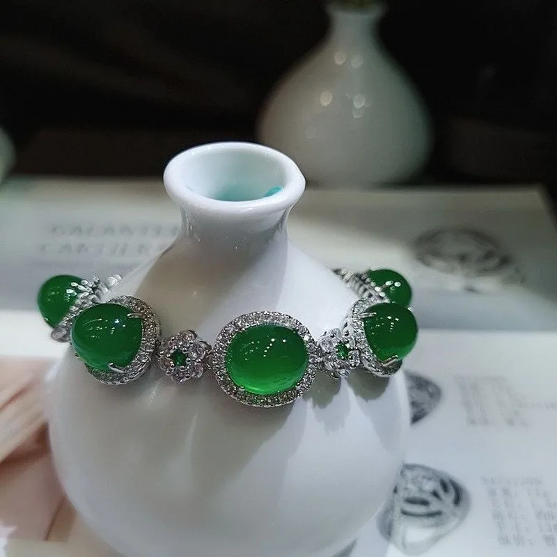 Natural chalcedony ice in vibrant green with jadeite-colored agate inlay, new Chinese-style jewelry bracelet