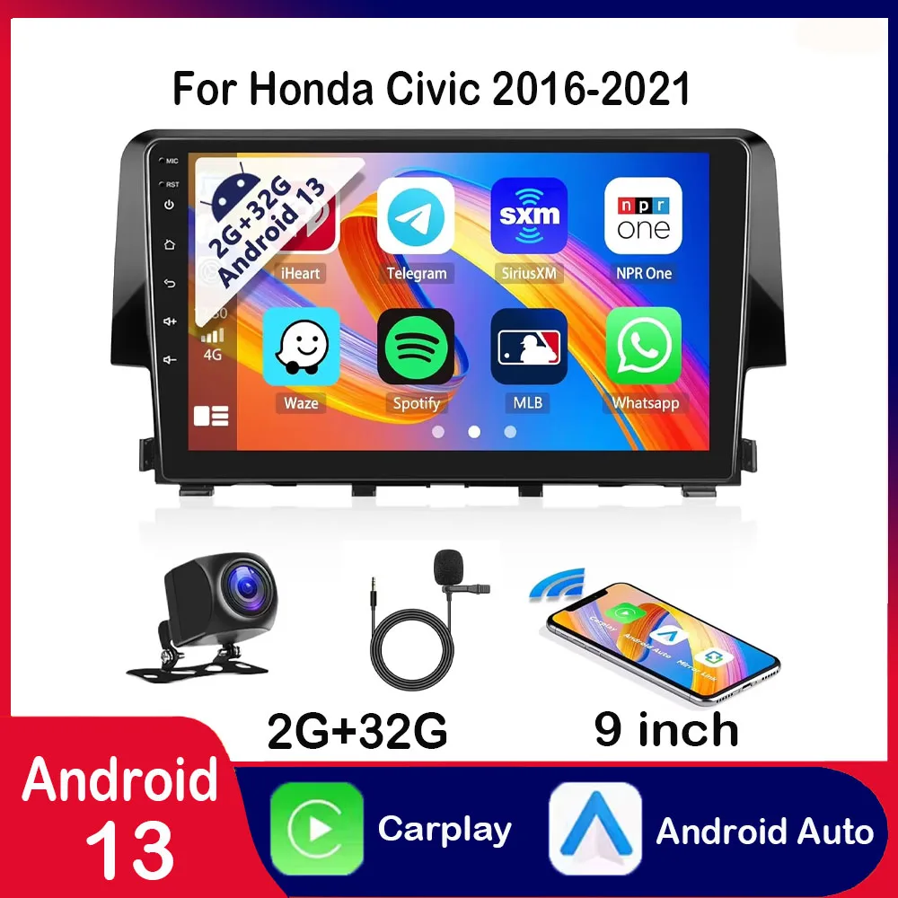 

Car Stereo 16-21 for Honda Civic Radio Apple Carplay Android Auto 9" Touchscreen Android13 Car Screen with WIFI/Backup Camera