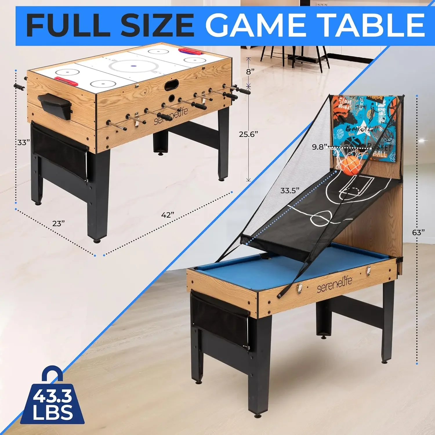 Multi Game Table, Full-Size Indoor and Outdoor Arcade Sports Table with Pool, Air Hockey, Foosball, Basket