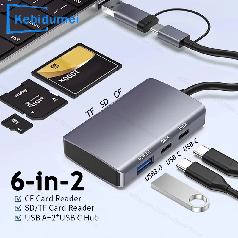 

Устройство для чтения карт памяти KEBIDUMEI 6 в 1, USB Type-C, для SD, TF, CF, высокоскоростной адаптер для передачи данных для ПК и камер