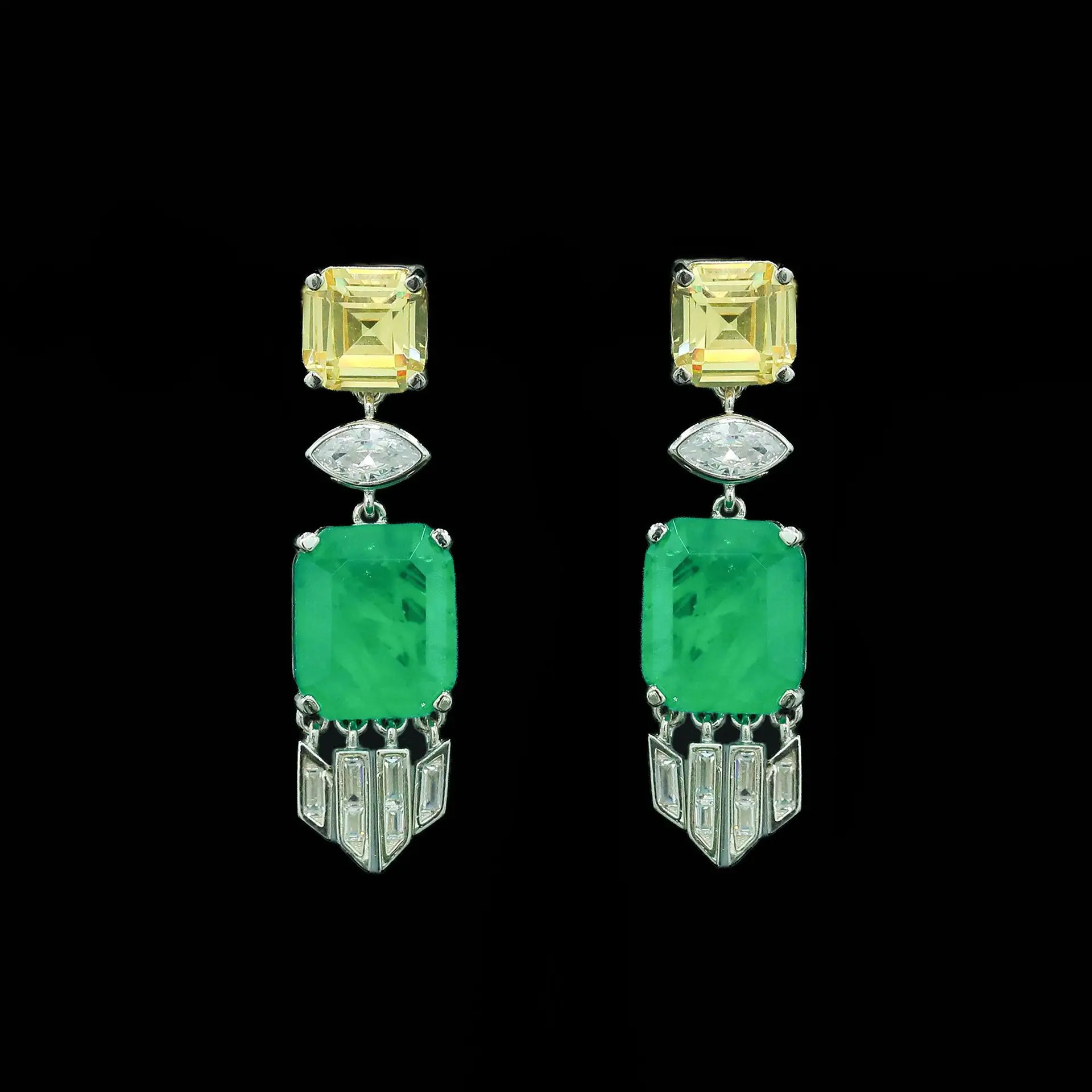 S925 Gold-Plated Emerald & Yellow Sapphire with High-Carbon Diamond Fringe Tassel Earrings for Women
