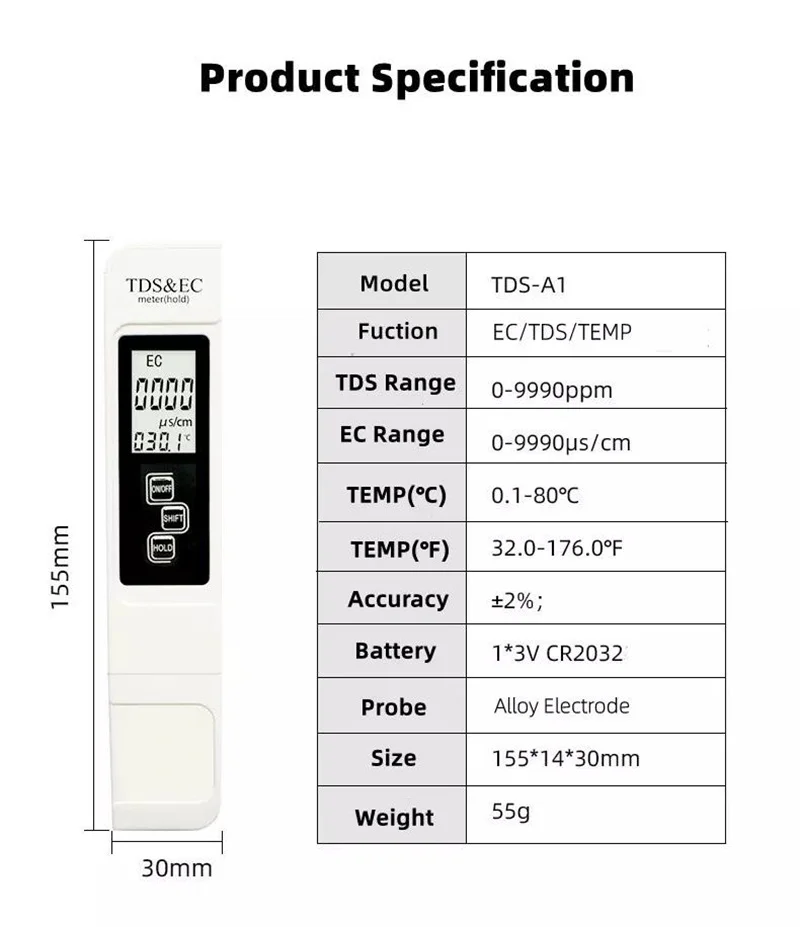 Professioneller 3-in-1 Tester Wassermessgerät TDS EC Temperaturmessgerät Digitaler LCD-Wassertester Stift Reinheitsfilter Wasserqualität – Detail 14