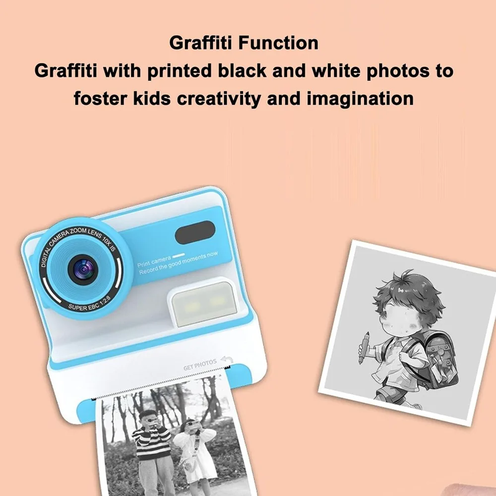 Kids Instant Print Camera 1080P 48MP 2.4 Inch Screen 16X Zoom Children Camera Thermal Printer Portable Travel Selfie Camera Toy