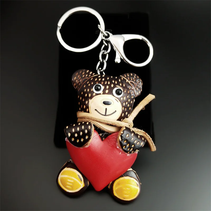 Lovely Heart Bear Genuine Cowhide Key Chain Holder for Women Men Alloy Leather Keyring Car Bag Accessories Jewelry K8838-2S04