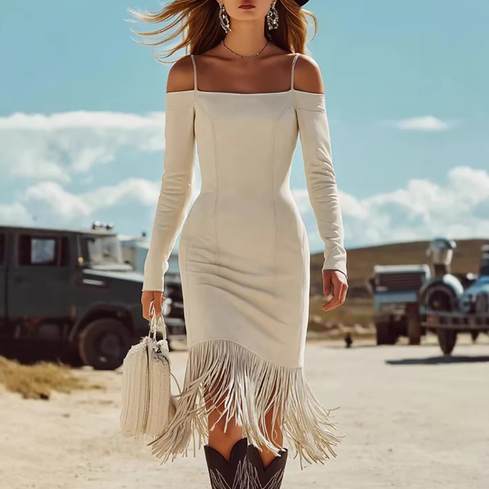 Vestido Midi de Mujer con Flecos de Imitación de Gamuza, Hombros Descubiertos, Tirantes Beige, Manga Larga, Corte Ajustado, Cintura Alta, Estilo Vintage Chic