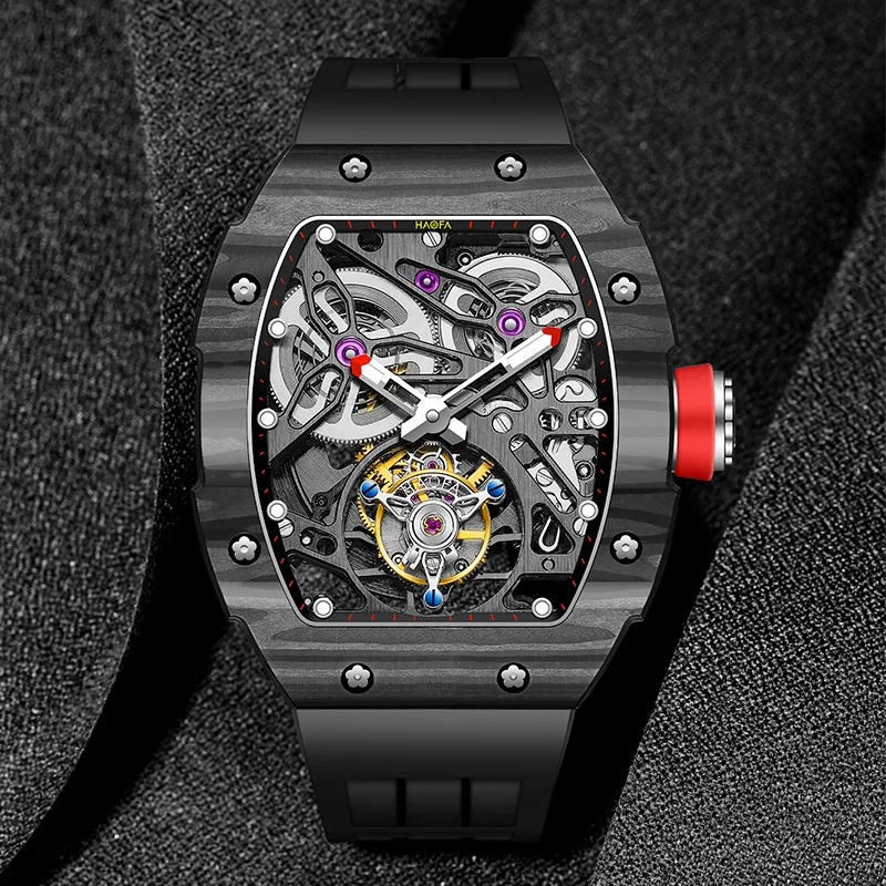 Haofa 1901-1 Skeleton Automatic Tourbillon Watches for Men Luxury Carbon Fiber Mechanical Movement Sapphire Mens Watch Business