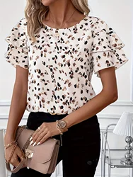 Summer Women Elegant Print Shirt Casual Fashion Vacation Crew Neck Ruffle Sleeve Tops Clothing