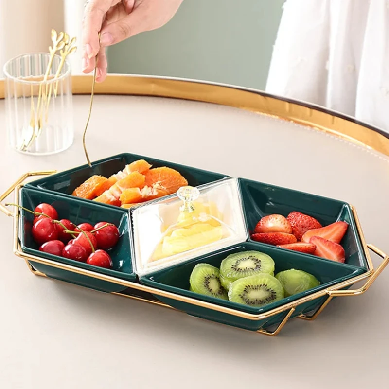 Ceramic Tray Set - 3 & 5 Grids, Acrylic Cover, Metal Base, Snack Platter, Fruit, Dried Fruit, Salad & Dessert Bowl