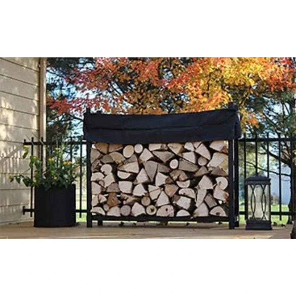 5 Foot Black Made in the USA 1/4 Cord Plus Firewood Storage Log Rack With Seasoning Cover Combo Set Indoor Outdoor Metal