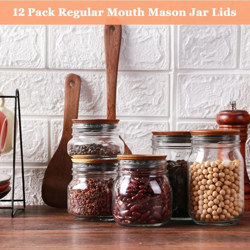 12Pcs per Pack Wooden Storage Lid, Canned Spherical Tanks, Sealed with Airtight Silicone, Brown, Smooth, Conventional Mouth