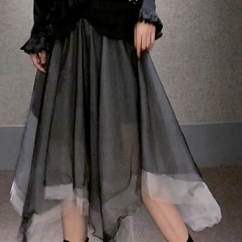 

Skirts Women Ankle-length Mesh Multi-layer Solid Retro Lady High Street Ins Fairy Thin Asymmetrical Design Fashion Юбка Женская