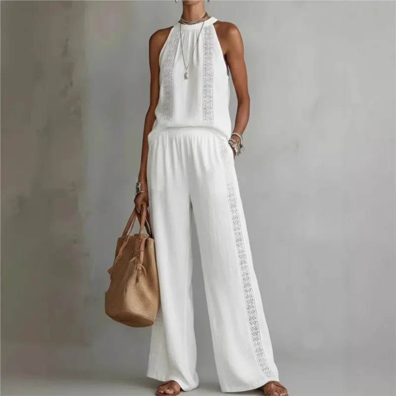 

Fashion Solid Vest Pants Set Women's Retro Comfortable Hollow Lace Sleeveless Top Wide Leg Pants Two-Piece Set Summer Casual New