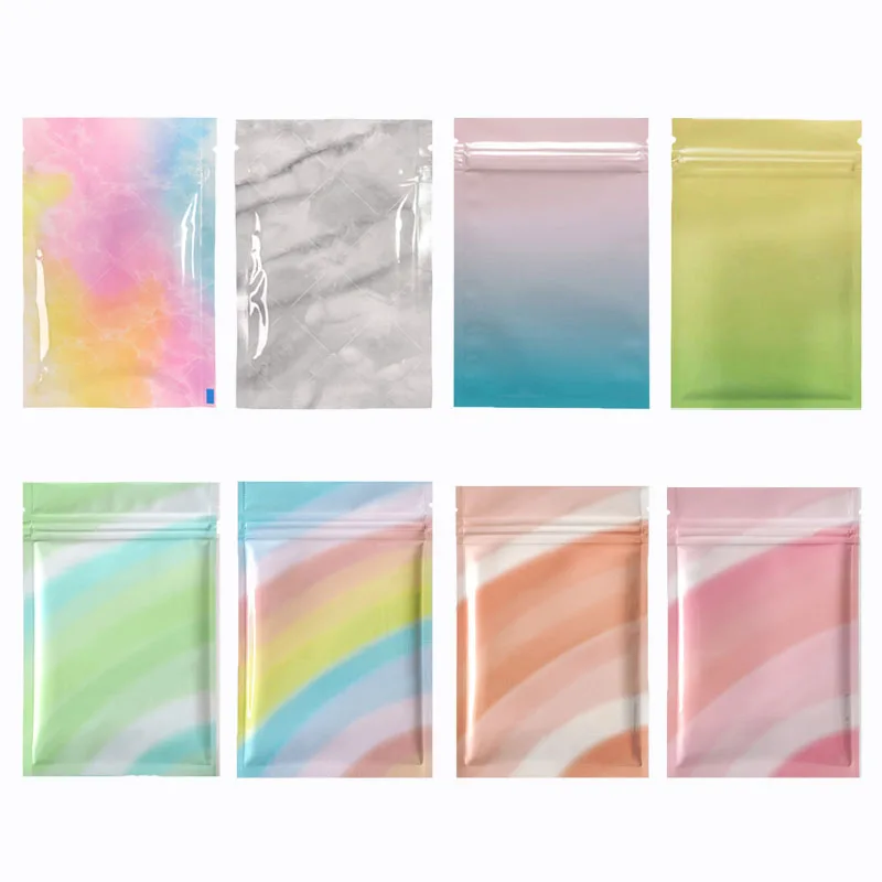 50Pcs Flat Glossy Rainbow Gradient Color Small Aluminum Foil Zip Lock Bag Candy Jewelry Snack Tea Heat Sealing Packaging Pouches