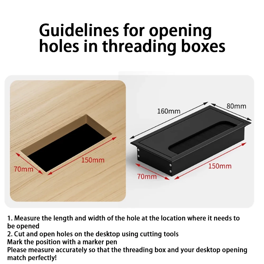 1PCS Aluminum Alloy PC Desk Rectangle Wire Cable Grommet Office Table Hole Cover Outlet Port with Black Brush Square