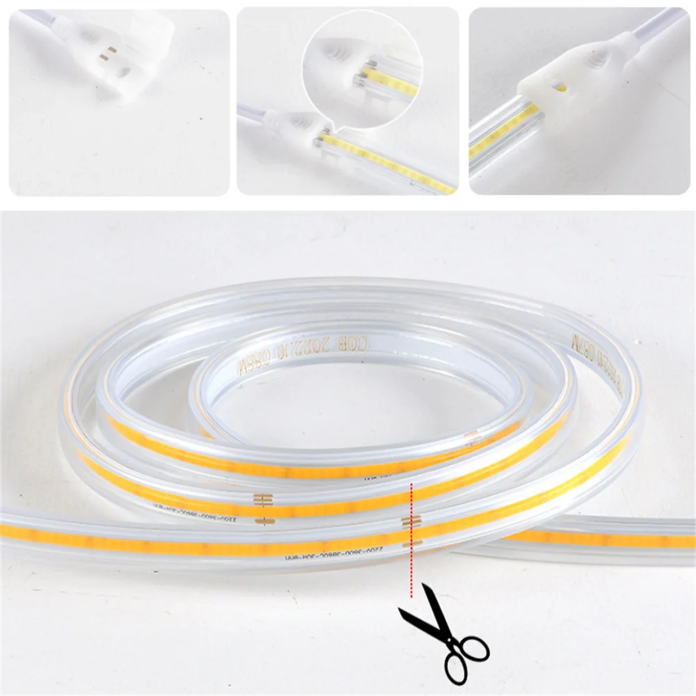 Led Strip Lights 220V High Brightness COB Led Strip IP65 Waterproof Adhesive Flexible Ribbon for Room Outdoor Garden Lighting