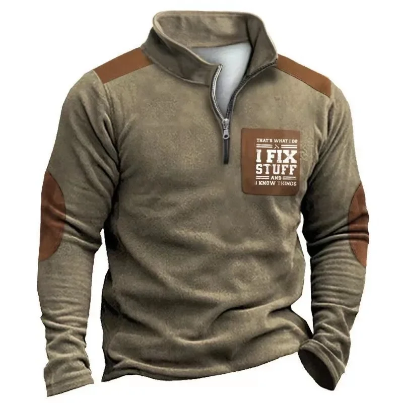 Men's Fleece Lined Sweatshirt Retro V Neck Vintage Ethnic Pattern Winter Fall Long Sleeve Tops High-neck Zip-up Polo Shirt