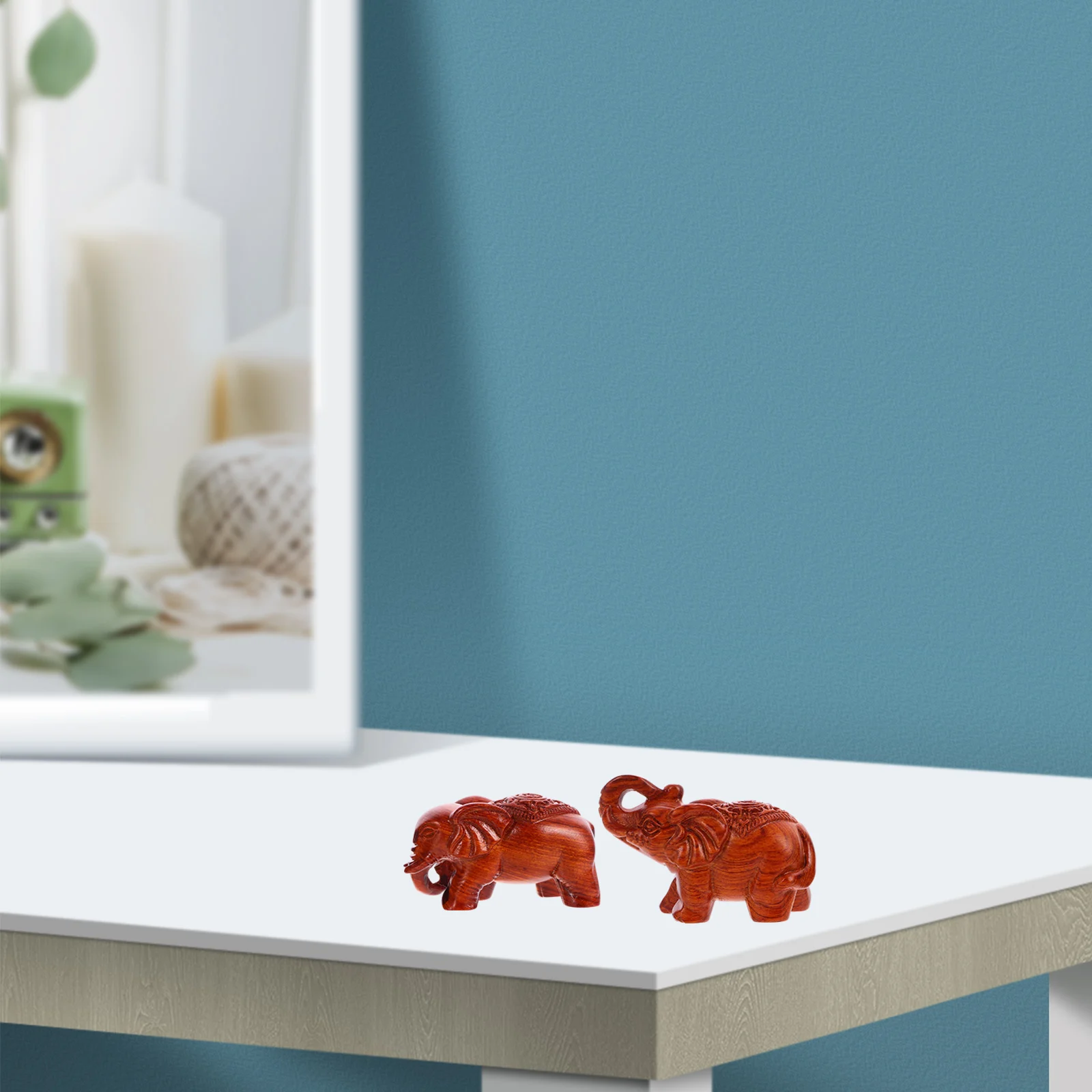 

2Pcs Wooden Elephant Sculpture Small Carved Animal Ornament Tabletop Home Decor Charming Wood Elephant Accent for Office