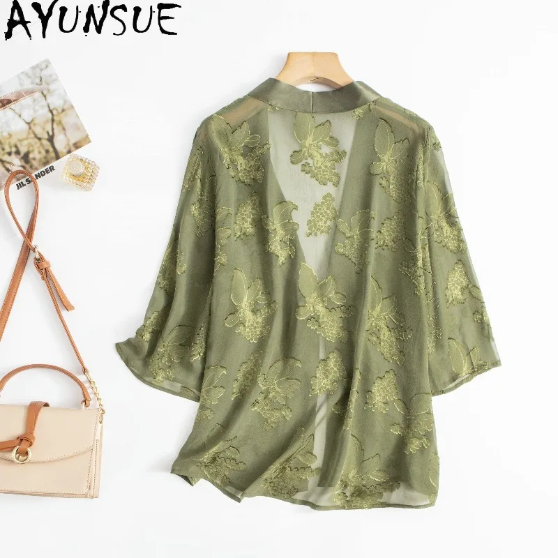 AYUNSUE 100% Silk Woman Tops Chinese Style Half Sleeve Green Top Stylish Sun Protection Jacket Woman Clothes Summer 