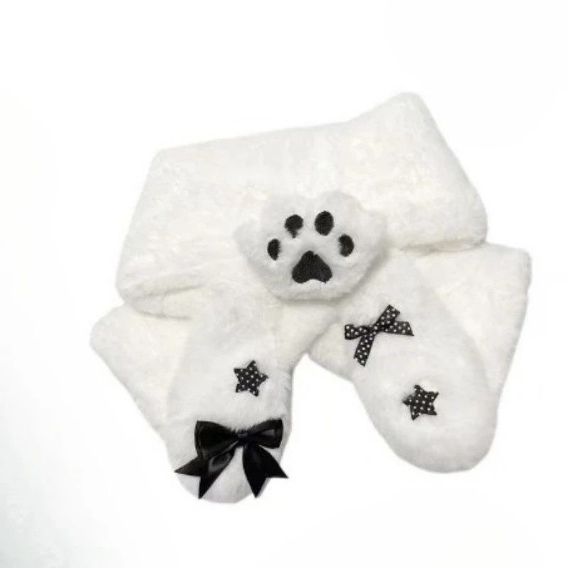 2026 Winter Decorative Furry Scarf for Women Y2k Aesthetic Sweet Polka Dot Bow Scarves Harajuku Keep Warm Grunge Neckerchief