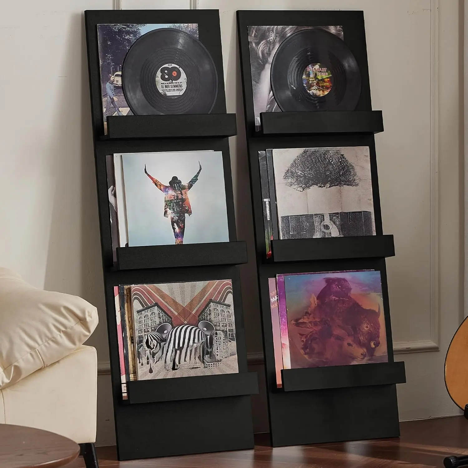 

Wall-Leaning Vinyl Record Holder Set of 2 with 3 Tier Display Shelf, 47.5'' Tall Record Storage Magazine Holder, Vinlys